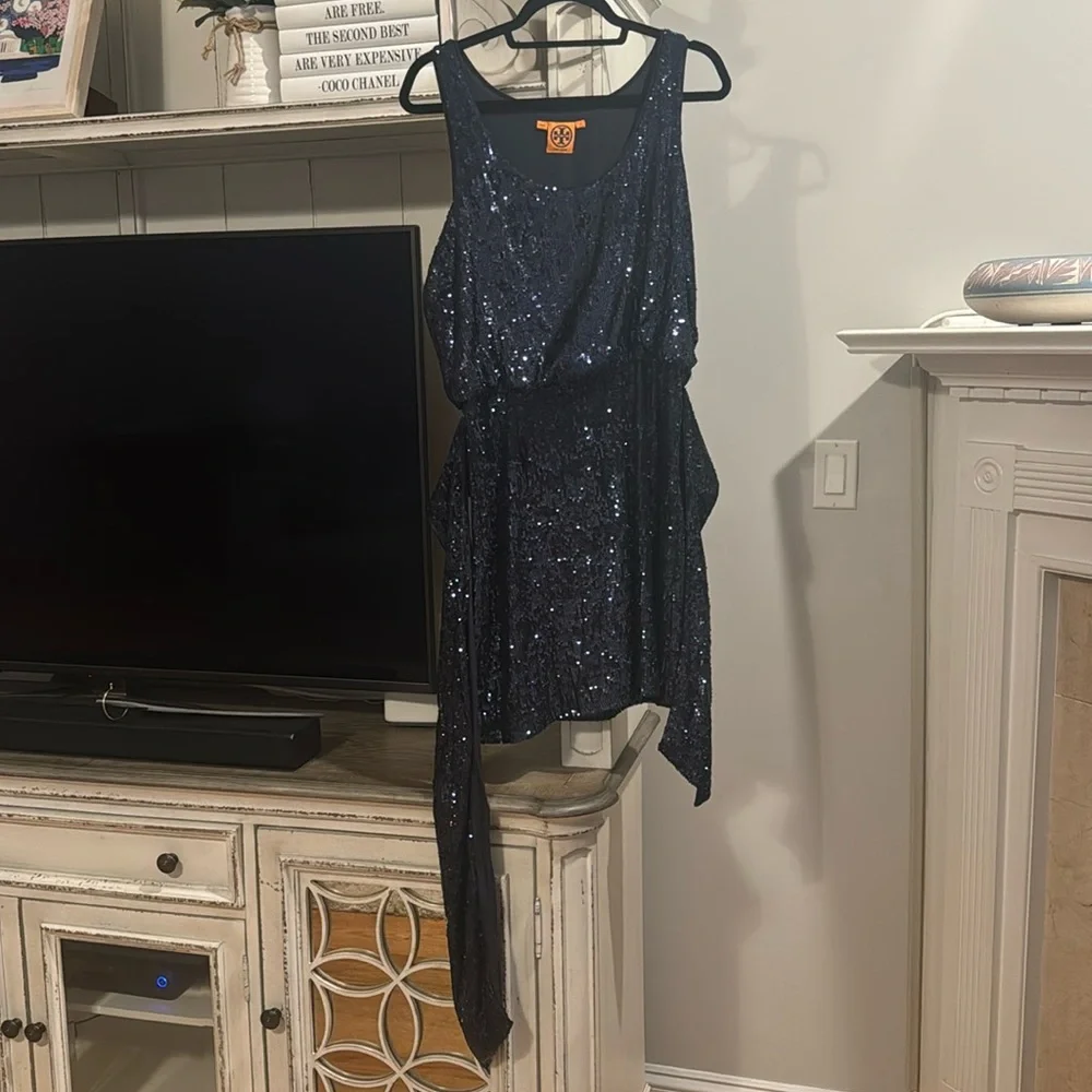 Tory Burch Alton Blue Sequin Belted Sleeveless Dress - Picture 1 of 10